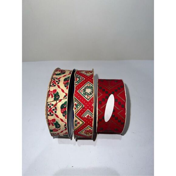 No Brand Other - Christmas Fabric Ribbon Set of 3-DECORATOR-Gift Tie Bows USA-Rolly Look Unused